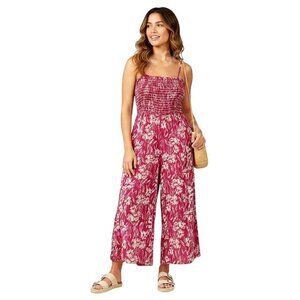 Kaari Blue Women's Pink Floral Smocked Bodice Spaghetti Strap Wide Leg Romper XL